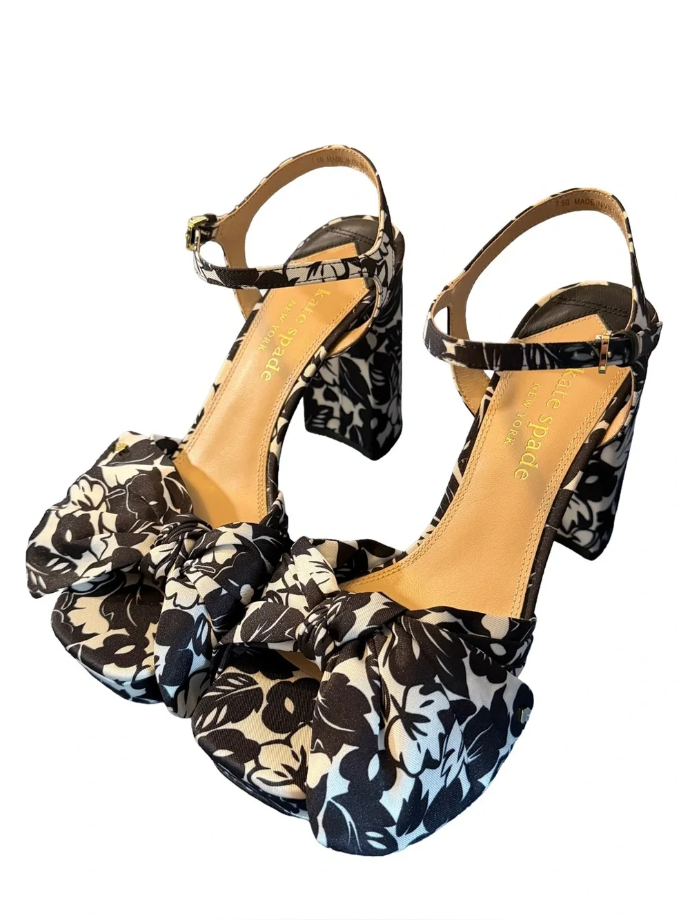 Kate Spade Lucie Tropical Foliage Black & White Platform Sandals, 8B=M NWT